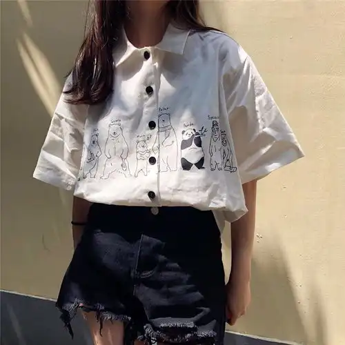 新款鬼马少女卡通印花短袖衬衫女学生夏韩版宽松学院风衬衣上衣女