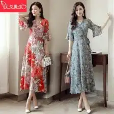 低领碎花收腰雪纺连衣裙女