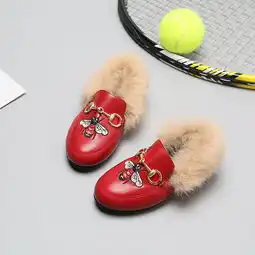 女童皮鞋2017秋冬新款公主鞋加棉皮鞋平底鞋兔毛保暖毛毛鞋豆豆鞋