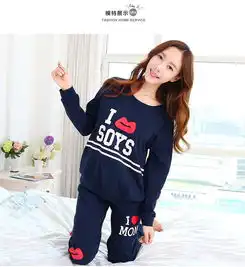 春秋季睡衣休闲圆领女士长袖长裤棉质韩版大码女装卡通套装家居