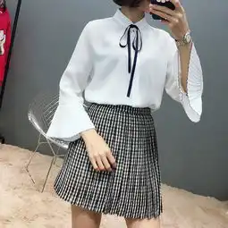 3380日韩甜美百搭风琴百褶喇叭长袖系带圆领雪纺衬衣打底衫女
