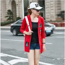 时尚休闲女秋装韩版学生百搭修身纯色中长款连帽开衫外套女潮