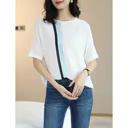 施悦名短袖t恤女2019夏季新款女装圆领气质针织衫接拼百搭上衣韩版
