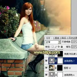 photoshop给路边的美女加上暗调青黄色霞光色