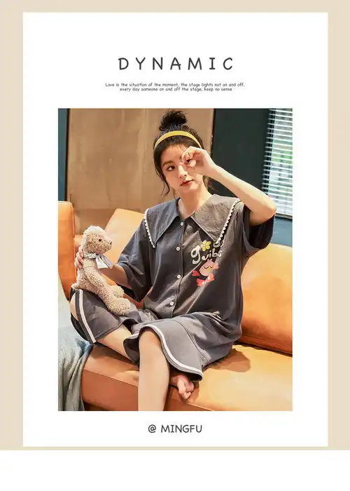 睡衣女夏季纯棉韩版大码中长款睡裙甜美少女公主风卡通薄款家居服