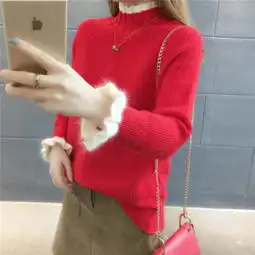 毛衣女宽松套头甜美荷叶袖半高领短款加厚针织衫打底衫学生上衣潮