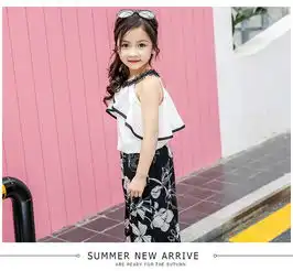 女装2018夏季新款女童雪纺漏肩阔腿裤两件套洋气大童挂脖上衣潮