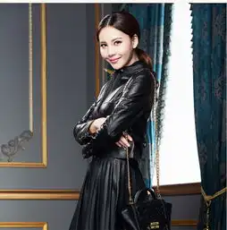 明星同款高档秋冬绵羊皮奢侈真皮皮衣立领长袖短款机车外套女黑色福卡商城
