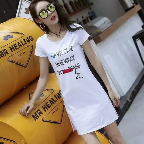 夏装女中长款t恤短袖修身连衣裙女包臀打底裙韩版字母印花裙子女