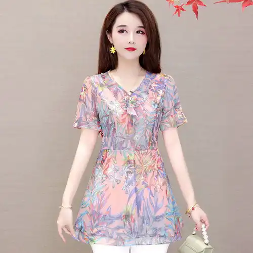 碎花雪纺衫女夏短袖大码韩版修身遮肚新款v领洋气妈妈中长款上衣