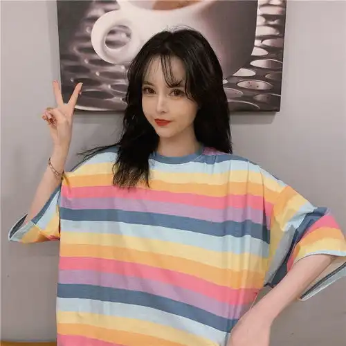 彩虹条纹圆领短袖t恤女宽松2020韩版ins超火原宿风mschf上衣服潮