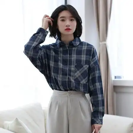 施悦名复古文艺风格子衬衫女图片大全邮乐官方网站