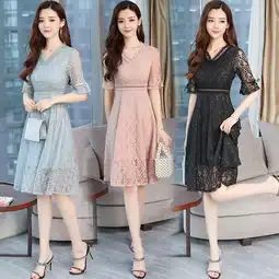 蕾丝裙子女网纱连衣裙夏装气质淑女v领修身中长款仙女裙