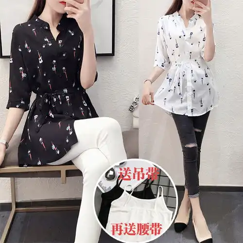 夏季女装七分袖衬衣中长款雪纺衬衫女学生韩版宽松衣服雪纺衫上衣