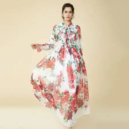 洋湖轩榭早春新款印花时尚连衣裙女欧美风长款女裙a图片大全邮乐官方网站