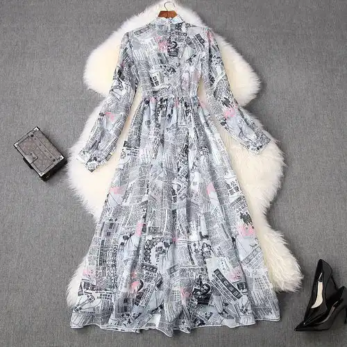 施悦名2020春季女装新欧美风立领雪纺松紧收腰过膝个性印花连衣裙