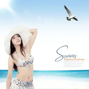 海边带着太阳帽的比基尼美女人物psd模板素材下载