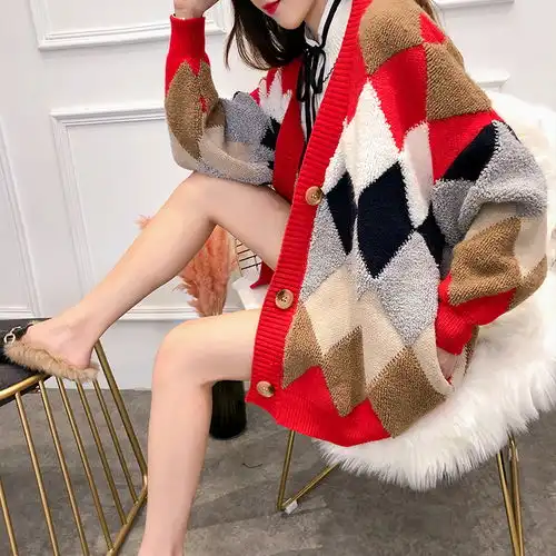 2019新款女装慵懒风毛衣格子开衫宽松韩版学生百搭针织衫外套