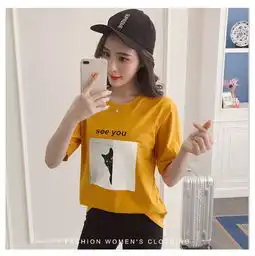 fx2018春夏新款韩版女装卡通小猫咪印花修身短袖纯棉圆领t恤女