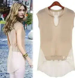 速卖通敦煌热卖欧美拼色短袖雪纺拼接上衣女中长款短袖雪纺衫