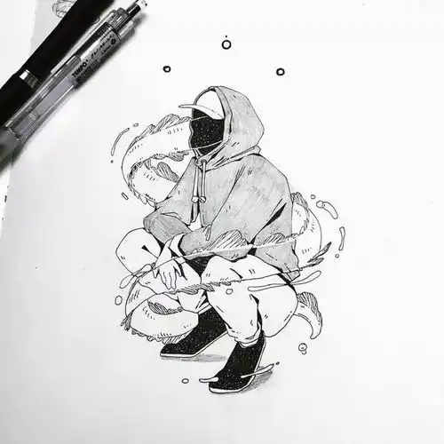 女生与海意境黑白插画大气磅礴的气势美呆了