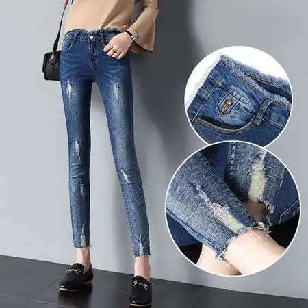 美顿艾蒂破洞牛仔裤女春夏季新款韩版显瘦九分裤女装小脚春装女裤子潮