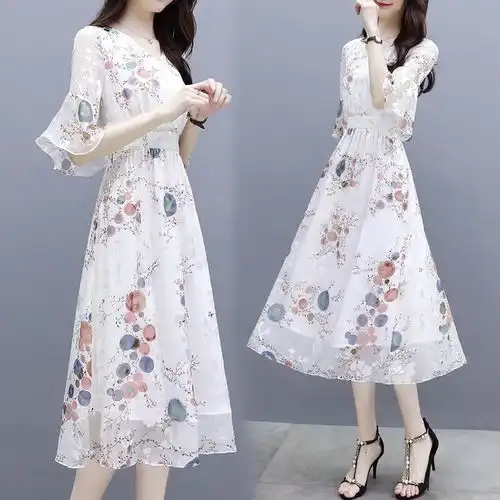 碎花雪纺连衣裙女短袖夏季2020新款女装气质中长裙子超仙收腰长裙