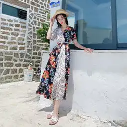 超美撞色拼接漏肩连体裤