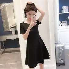 2019夏季新款女装韩版显瘦一字领短袖赫本a字小黑裙吊带连衣裙