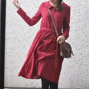 文艺范森女长袖连衣裙复古衬衫裙
