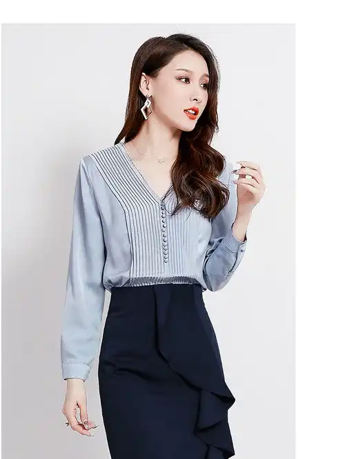 熤笙靘2019秋季新款名媛女装纯色褶皱v领洋气女士衬衣垂感ins雪纺衬衫女89285