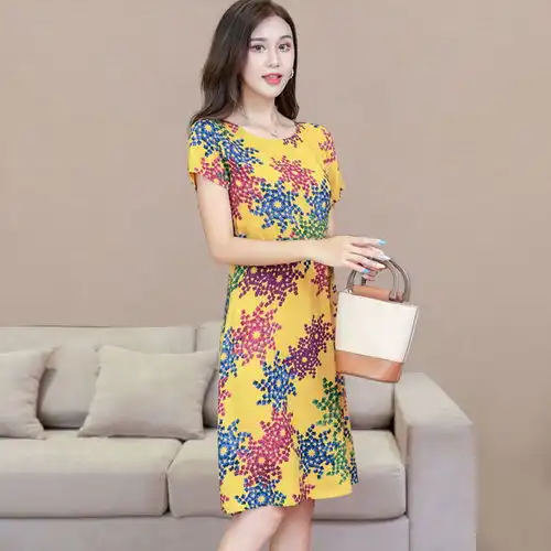 气质碎花连衣裙女2020夏新款复古大码宽松短袖妈妈遮肚显瘦裙子