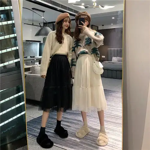 网纱裙春夏季超仙女森系高腰百褶a字中长款黑色显瘦大摆半身裙子