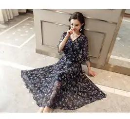 施悦名碎花雪纺连衣裙女装长裙2019夏季新款时尚韩版显瘦喇叭袖长款裙子a