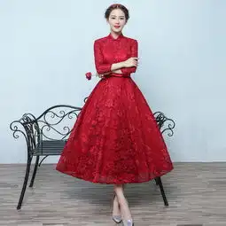 送耳环新款红色礼服女婚礼中长款宴会结婚新娘晚礼服一字肩