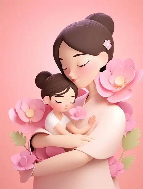 3d卡通风妈妈抱着小女孩鲜花环绕插画图片素材下载jpg格式熊猫办公
