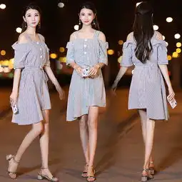 连衣裙2018年夏季韩版百搭条纹漏肩淑女修身不对称显瘦