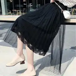 蕾丝拼接网纱半身裙2019年新款百褶裙中长款名媛纯色初恋仙女裙