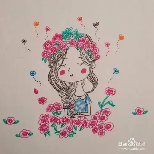 简笔画小清新彩色女孩步骤图