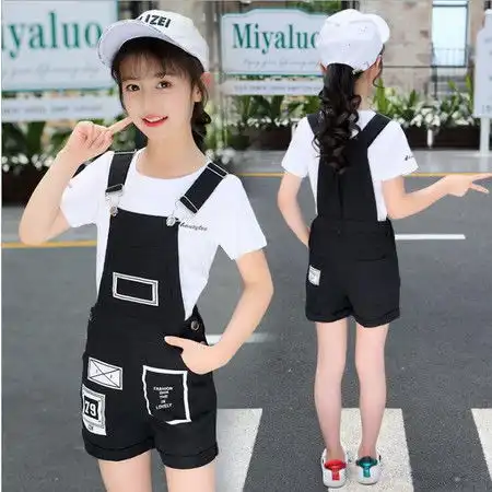 2019新款韩版童套装女童夏装中大童儿童字母贴标背带短裤两件套潮pwy