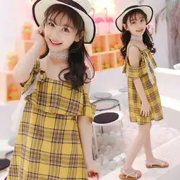 儿童裙子2018夏装新款韩版女童连衣裙中大童格子一字肩公主裙子
