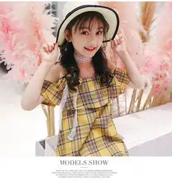儿童裙子2018夏装新款韩版女童连衣裙中大童格子一字肩公主裙子