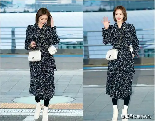 韩国第一短发美女高俊熙,穿黑白碎花大衣裙现身机场,优雅时尚