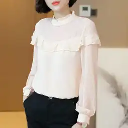 唯品会好货精选气质淑女修身显瘦韩版时尚清新荷叶边长袖立领木耳边女士雪纺衫上衣女装衬衫唯品会