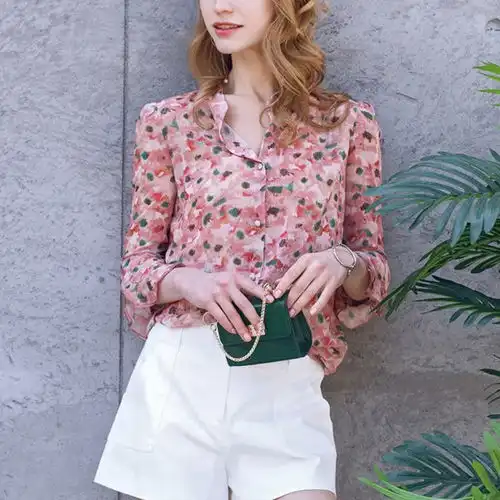 奢步士女装2020春装新品女款甜美碎花衬衫立领荷叶袖中袖雪纺衫