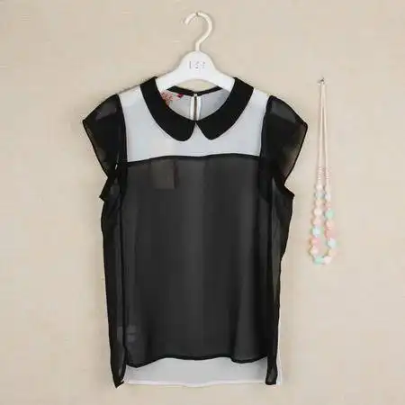 1.s.e女装新品娃娃领黑白拼色雪纺衬衫图片大全邮乐官方网站