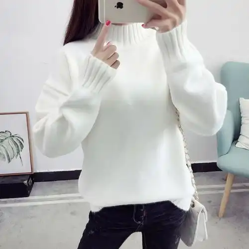 加绒不加绒毛衣女高领套头秋冬新款加厚韩版宽松短款学生打底衫