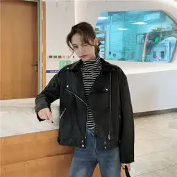 实拍新款黑色长袖百搭机车短款pu皮衣拉链翻领外套女装
