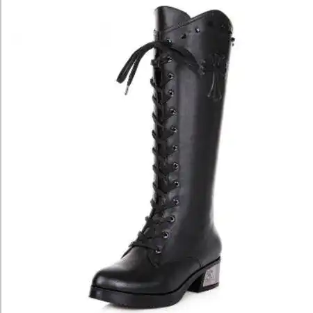 冬季新款欧美中筒靴圆头铆钉低跟骑士靴真皮骑士靴女士大码靴子图片大全邮乐官方网站