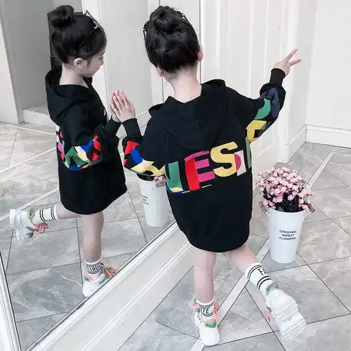 新款2020女童韩版中长款卫衣网红女孩连帽卫衣裙时尚拼接学生外套